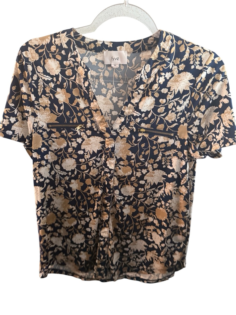 Fyve Black Floral Short-Sleeve V-Neck Blouse with Gold Print